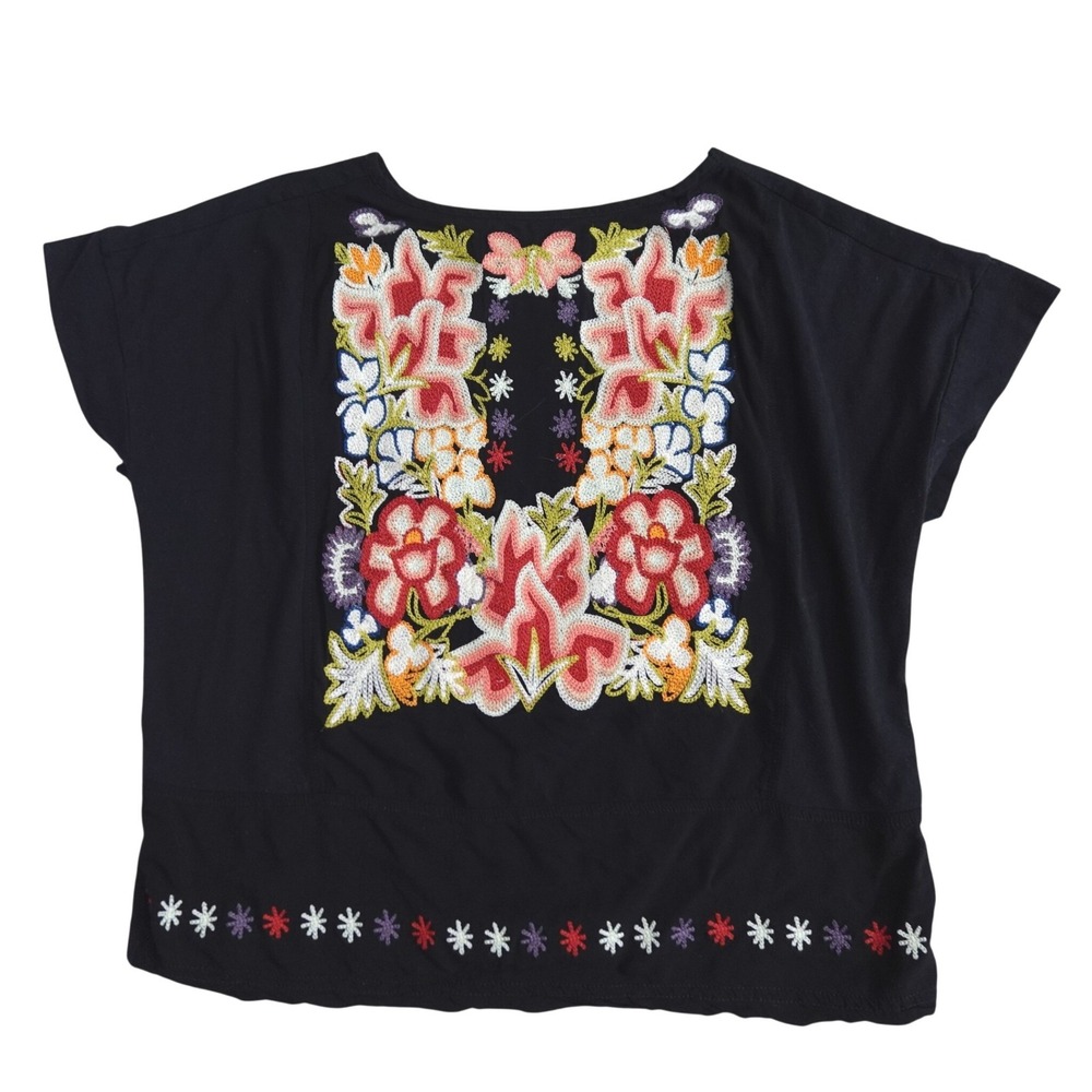 Anthropologie Tiny Embroidered Floral Top XS Black Boho Cotton Folk Blouse